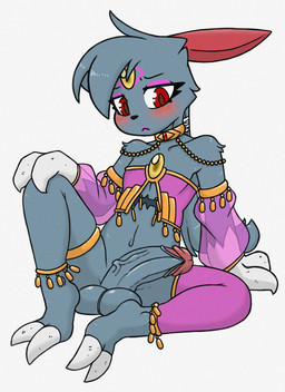 anthro balls blush claws clothed clothing crossdressing femboy foreskin frenulum fur genitals glans grey_balls grey_body grey_fur grey_penis hand_on_knee hand_on_leg lips male navel penis red_eyes retracted_foreskin skimpy solo rivvoncat nintendo pokemon generation_2_pokemon pokemon_(species) sneasel 2026