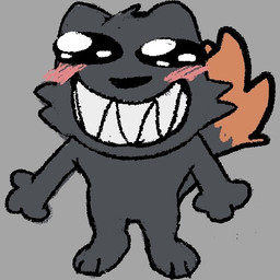 3_fingers 3_toes ambiguous_gender anthro black_body black_fur black_nose blush blush_lines devious_grin dipstick_tail featureless_crotch feet fingers fur looking_at_viewer markings orange_tail_tip sharp_teeth smile smiling_at_viewer solo tail tail_markings teeth teeth_showing toes wickflix casualties:_unknown gunsaw canid canine expie_(gunsawian) fox gunsawian hybrid mammal murid murine rat rodent 1:1 digital_media_(artwork) low_res reaction_image