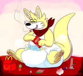3_fingers 3_toes ambiguous_gender anthro big_diaper black_nose bong claws clean_diaper clothed clothing cloud_emanata container diaper diaper_puff drugs emanata fangs feet finger_claws fingers food fries fur holding_container holding_object huge_diaper inner_ear_fluff kerchief lighter marijuana multicolored_body multicolored_fur narrowed_eyes neckerchief neckwear object_in_mouth open_mouth open_smile pawpads pink_pawpads red_kerchief red_neckerchief simple_background sitting sitting_on_diaper smile smoke smoking smoking_marijuana solo substance_intoxication tail teeth three-quarter_view toe_claws toes tuft two_tone_body two_tone_fur two_tone_tail wearing_diaper white_body white_claws white_diaper white_fur white_inner_ear_fluff white_tail yellow_body yellow_fur yellow_tail fang29 4/20 cheez-its mcdonald's fang29_(character) canid canine canis domestic_dog hybrid kangaroo macropod mammal marsupial absurd_res full-length_portrait hi_res portrait