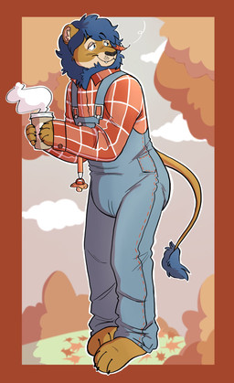 anthro autumn beverage blue_body blue_fur brown_body brown_fur clean_diaper clothed clothing coffee container cup detailed_background diaper diaper_bulge diaper_under_clothing fur holding_container holding_cup holding_object leaf leaves_on_ground male overalls pacifier_clip shirt solo standing steam tail tail_tuft tan_body tan_fur topwear tuft wearing_diaper slusheep felid lion mammal pantherine 2019 hi_res