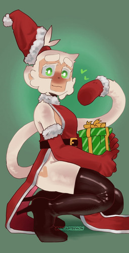 anthro armwear boots christmas_clothing christmas_dress christmas_headwear clothed clothing crossdressing crossdressing_male crouching dress elbow_gloves eyebrows femboy footwear fur gift gloves green_background hair handwear hat headgear headwear heart_symbol high_heeled_boots high_heels holding_object holidays legwear looking_at_viewer male ponytail santa_hat shoes side_view simple_background smile solo thigh_boots thigh_highs tuft sincastermon bloons_tower_defense christmas ninja_kiwi druid_(bloons) vanilla_(sincastermon) haplorhine mammal monkey primate 2023 hi_res