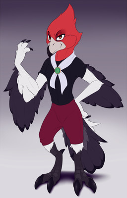 2_toes anthro beak biped bird_legs black_beak black_body black_claws black_clothing black_shirt black_tail black_topwear black_wings bottomwear claws clothed clothed_anthro clothed_male clothing digitigrade feet finger_claws front_view gradient_background grey_beak grey_tail male male_anthro multicolored_beak multicolored_body multicolored_tail red_body red_eyes shirt simple_background smile solo standing tail toe_claws toes topwear two_tone_beak white_body white_tail winged_arms wings meraence avian 2023 digital_media_(artwork) hi_res