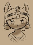 anthro bandage bandaged_chest black_nose eyelashes female frown hair headdress looking_away simple_background solo tan_background unimpressed jubb animal_crossing nintendo ankha_(animal_crossing) domestic_cat felid feline felis mammal 2020 bust_portrait low_res portrait signature