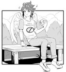 bench blush burger clothing feathered_wings feathers food footwear hair male not_furry shoes sitting solo text wings soft_sizzle kid_icarus nintendo pit_(kid_icarus) angel humanoid winged_humanoid english_text hi_res monochrome