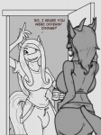 anthro breasts bulge clothed clothing duo female gynomorph hair horn intersex leaning tail text heavymetalmirage mythology kyera sel dragon equid equine horse mammal mythological_creature mythological_scalie scalie 2011 english_text monochrome