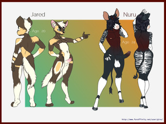 4_toes 5_fingers anthro athletic balls big_balls big_penis black_body black_fur black_mane black_nose border braided_hair brown_body brown_fur butt duo erection eyebrows feet femboy fingers foreskin fur genitals glans gradient_background green_eyes hair hand_on_hip hooves humanoid_genitalia humanoid_penis hybrid_genitalia hybrid_penis inner_ear_fluff male mane medial_ring nipples nude partially_retracted_foreskin penis pink_nipples pink_nose pose red_body red_border red_fur saggy_balls simple_background slim standing striped_body striped_fur stripes tail tail_tuft tan_body tan_fur text toes tuft white_body white_fur white_hair givo jared_(givo) nuru_(givo) african_wild_dog canid canine equid equine giraffid mammal okapi 4:3 absurd_res digital_media_(artwork) flat_colors hi_res model_sheet url