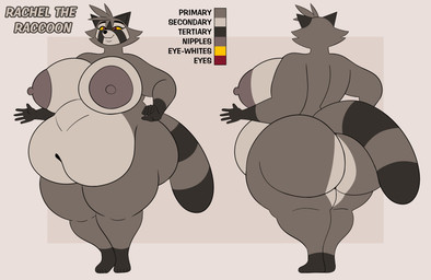 belly big_breasts big_butt breasts brown_body brown_fur butt female fur nipples rachel_(mechaclank) red_eyes simple_background tail yellow_sclera mechaclank mammal procyonid raccoon absurd_res hi_res model_sheet