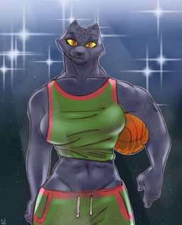 anthro athletic_wear ball basketball_(ball) black_body black_nose bottomwear breasts claws clothing crotch_lines eyelashes female finger_claws gym_bottomwear gym_shorts head_markings long_eyelashes markings melanistic muscular muscular_female navel orange_eyes pelvis shirt shorts side_boob solo spots spotted_face spotted_head tank_top topwear whiskers yellow_sclera furrawin goat_(movie) sony_corporation sony_pictures jett_fillmore felid leopard mammal pantherine absurd_res hi_res