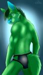 anthro blue_eyes blue_nose bulge clothed clothing eyebrows fur furgonomics green_body green_fur green_hair hair looking_at_viewer looking_back male muscular muscular_anthro muscular_male skimpy smile solo standing tail tail_clothing teeth tight_underwear topless underwear cinta baroshi_(baroshi) canid canine canis mammal wolf 2017 hi_res