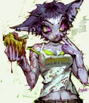 anthro belt bra breasts burger cigarette cigarette_in_mouth cigarette_smoke cleavage clothed clothing dirty dripping ear_piercing eating eating_food female fingernails food fur green_bra green_clothing green_sclera green_underwear hair holding_burger holding_cigarette holding_food holding_object medium_breasts nails object_in_mouth piercing purple_body purple_eyes purple_fur purple_hair purple_nose sharp_fingernails sharp_nails shirt short_hair smoke smoking smoking_cigarette solo stitch_(sewing) tank_top topwear torn_clothing torn_shirt torn_topwear underwear white_clothing white_shirt white_tank_top white_topwear p0nyplanet domestic_cat felid feline felis mammal digital_drawing_(artwork) digital_media_(artwork) hi_res watermark