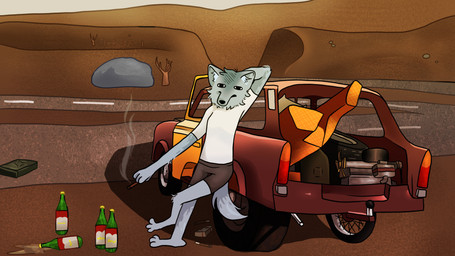 anthro beer_bottle blue_body blue_fur bottle car cigarette clothing container fur leaning_on_object long_nose long_snout male shirt smoking smoking_cigarette snout solo topwear vehicle white_clothing white_shirt white_topwear the_sigmas_rising the_long_drive alfa_(the_sigmas_rising) canid canine canis mammal wolf hi_res