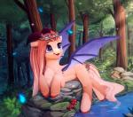 curved_horn detailed_background female feral forest hooves horn lying membrane_(anatomy) membranous_wings nature nude open_mouth plant purple_eyes rock smile solo tongue tree water wings rodrigues404 hasbro my_little_pony fan_character mammal animated short_playtime