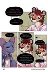 blue_eyes clothing dialogue eye_scar eyewear facial_scar glasses male outside purple_eyes scar text bastriw martin_(bastriw) pato_(bastriw) domestic_cat felid feline felis mammal pantherine tiger comic hi_res