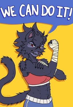 abs anthro athletic athletic_wear bandage black_body black_fur black_hair bodily_fluids bottomwear bra claws clothed clothing cosplay dialogue eye_markings fangs female fist flexing fur gym_bottomwear gym_shorts hair hand_wraps handwear looking_at_viewer markings muscular parody poster propaganda propaganda_poster red_eyes shorts simple_background smile solo speech_bubble sports_bra sweat tail teeth text tuft underwear wraps watamelyn rivals_of_aether we_can_do_it! ash_(yeahbeezii) clairen_(rivals_of_aether) felid feline leopard mammal pantherine 2025 digital_media_(artwork) english_text hi_res