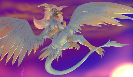3_toes 5_fingers anthro areola beak biped blonde_hair blue_body blue_feathers blue_tail blue_wings butt claws cloud eyelashes feathered_wings feathers feet female fingers flying genitals grey_body grey_feathers hair horn light long_hair long_tail nipple_piercing nipples nude open_mouth orange_wings piercing pink_areola pink_nipples pink_tongue sky solo sun tail talons thick_tail toes tongue two_tone_wings vulva wings yellow_body yellow_skin dark-ahroun-friesian avian bird 2017 full-length_portrait lighting portrait