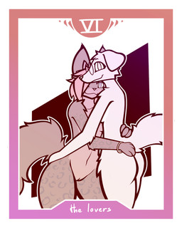 4_fingers anthro big_ears big_tail bracelet breasts butt card collarbone duo embarrassed eyewear female female/female fingers floppy_ears fluffy fluffy_tail front_view fur genitals glasses gold_(metal) gold_bracelet gold_jewelry hair hand_around_waist hand_on_butt hand_on_hip hug hugging_another inner_ear_fluff jewelry jewelry_only larger_female long_hair looking_at_viewer major_arcana markings navel nude rear_view shy_smile size_difference smaller_female smile smiling_at_viewer smug_grin spots spotted_body spotted_fur tail tarot tarot_card the_lovers_(tarot) thick_thighs three-quarter_view tuft vulva wearing_glasses conditional_dnp lodi_(artist) amandine_(lodi) amelia_(lodi) bird_dog canid canine canis domestic_dog felid golden_retriever hunting_dog mammal pantherine retriever 4:5 absurd_res hi_res restricted_palette trans_(lore) trans_woman_(lore)