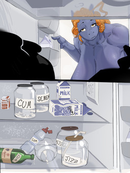 anthro appliance big_breasts blue_body bodily_fluids breasts container cum eyelashes female fridge genital_fluids glistening glistening_body hair huge_breasts jar kitchen_appliance milk_carton milk_container nude orange_hair pupils solo text dreamy_pride equid equine mammal absurd_res hi_res