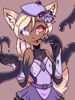 belt blonde_hair bottomwear breasts clothed clothing cross dark_body dark_skin female freckles gloves hair handwear hat headgear headwear heart_eyes heart_symbol heterochromia ribbons simple_background skirt smile solo tentacles glittermiilk animal_humanoid canid canid_humanoid canine canine_humanoid humanoid mammal mammal_humanoid 2017 3:4