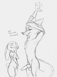 2021 animal_genitalia animal_penis anthro anthro_on_anthro balls black_and_white bottomless canid canine canine_genitalia canine_penis clothed clothing dialogue disney duo ears_down english_text erection female fox genitals interspecies judy_hopps knot lagomorph larger_male leporid male male/female mammal monochrome nick_wilde nude penis pivoted_ears predator/prey rabbit red_fox s1m scut_tail short_tail size_difference sketch smaller_female tail text true_fox undressing zootopia