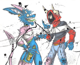4_fingers alcohol ambiguous_gender annoyed anthro athletic beard belt beverage biped blue_body blue_fur bottomwear bracelet buckle chest_tuft cigarette claws clothed clothing container damaged duo ear_piercing eyebrows faceless_anthro faceless_character facial_hair fangs fingers fur gesture grin hand_gesture holding_object hoodie horn jacket jewelry long_ears long_tail male markings mouthless multicolored_body multicolored_fur open_mouth pants pawpads pecs piercing pink_body pink_fur plantigrade pose scar seam_(sewing) sharp_teeth skinny smile smoking spade_tail spiked_bracelet spikes stripes substance_intoxication surgical_suture tail tattoo teeth tongue tongue_out topwear torn_bottomwear torn_clothing torn_pants tuft two_tone_body two_tone_fur yellow_eyes yellow_sclera krolik lachendesreh hodgepodge_(krolik) reh_(lachendesreh) demon hare imp lagomorph leporid mammal rabbit undead zombie 2026 signature traditional_media_(artwork)
