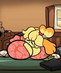 bell big_breasts blonde_hair breast_pillow breasts chair drunk female fur furniture hair head_between_own_breasts huge_breasts hyper hyper_breasts office office_chair orange_ears red_hairband sleeping substance_intoxication yellow_body yellow_fur puffylover69 animal_crossing nintendo sleeping_on_breasts_(meme) isabelle_(animal_crossing) canid canine canis domestic_dog mammal shih_tzu toy_dog 5:6 animated short_playtime