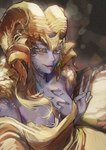 absurd_res animal_humanoid blonde_hair breasts capcom claws clothed clothing curved_horn dragon dragon_humanoid elder_dragon female gesture gold_scales grey_body grey_scales hair hand_gesture hi_res horn humanoid kulve_taroth looking_at_viewer miao_jiangyou monster_hunter mythological_creature mythological_scalie mythology scales scalie v_sign yellow_claws yellow_eyes yellow_horn