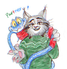 anthro blue_body blue_scales clothed clothing duo ear_tuft fangs feral fur green_clothing green_sweater green_topwear grey_body grey_fur male pawpads red_scarf scales scarf simple_background smile sweater teeth text topwear tuft whiskers white_background yellow_eyes disney zootopia gary_de'snake pawbert_lynxley felid feline lynx mammal pit_viper reptile scalie snake viper 2025 digital_media_(artwork) english_text low_res