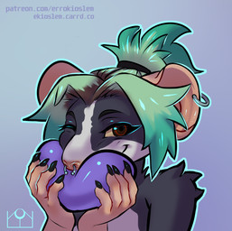 anthro ear_piercing facial_piercing green_hair hair holding_object looking_at_viewer male nose_piercing piercing pink_nose ponytail simple_background solo errokioslem mammal murid murine rat rodent portrait three-quarter_portrait