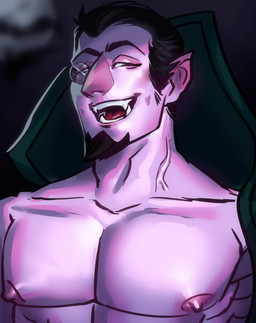 barazoku black_hair cloak clothing eyewear facial_hair fangs hair humanoid_pointy_ears laugh male monocle muscular nipples pecs pointy_ears purple_body smile solo teeth vein neronoid muppets pbs sesame_street count_von_count humanoid muppet vampire absurd_res hi_res