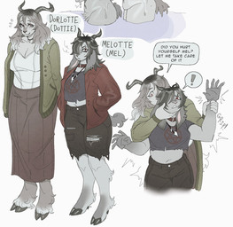 5_fingers alternative_fashion anthro bangs barbell_piercing big_breasts black_bottomwear black_clothing black_crop_top black_shirt black_shorts black_topwear bottomwear breasts brown_bottomwear brown_clothing brown_collar brown_skirt cardigan chin_grab cleavage closed_smile clothed clothing collar crop_top curved_horn denim denim_bottomwear denim_clothing denim_shorts dialogue digitigrade duo ear_piercing emanata exclamation_point eyebrow_piercing eyelashes eyeliner facial_piercing female female/female female_anthro fingers floppy_ears front_view frown fur glistening glistening_hooves goth grey_body grey_fur grey_hair grey_hooves grey_horn grimace hair hair_over_eye hand_in_pocket hooves horn humanoid_hands jacket jewelry larger_female leather leather_clothing leather_jacket leather_topwear leg_tuft long_eyelashes long_hair long_skirt long_sleeves looking_at_another makeup mascara medium_breasts medium_hair midriff mouth_closed multiple_poses navel necklace occult_symbol older_sister open_clothing open_jacket open_topwear pants pentagram pentagram_top piercing pockets pose questionable_consent red_eyes resisting restrained shirt shorts simple_background size_difference skirt smile standing symbol text three-quarter_view tooth_necklace topwear torn_bottomwear torn_clothing torn_pants tuft white_background white_clothing white_shirt white_topwear wrist_grab y_nose wolfertinger dottie_(wolfertinger) mel_(wolfertinger) bovid caprine goat mammal 2026 character_name colored_sketch english_text full-length_portrait hi_res model_sheet portrait shaded simple_shading sketch sibling_(lore) sister_(lore) sisters_(lore)