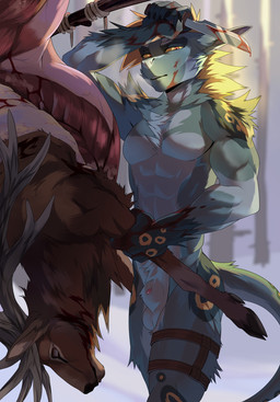 5_fingers anthro balls blood bodily_fluids day death detailed_background duo feral fingers forest fur genitals gore grey_body grey_fur looking_at_viewer male nude orange_eyes outside plant snow tree yellow_sclera drmax mythology deer dragon furred_dragon furred_scalie mammal mythological_creature mythological_scalie new_world_deer reindeer scalie 2021 digital_media_(artwork) hi_res
