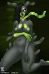 2019 5_fingers anthro black_hair breasts canid canine digital_media_(artwork) female fingers generation_7_pokemon genitals green_eyes green_nipples green_pawpads hair hair_over_eye legendary_pokemon looking_at_viewer mammal nintendo nipple_piercing nipples nude one_eye_obstructed pawpads piercing pokemon pokemon_(species) pussy satsukii signature solo zygarde zygarde_10_forme