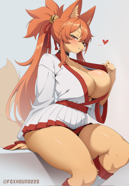 anthro big_breasts blush breasts chest_tuft choker cute_fangs fangs female fur heart_symbol jewelry kemono necklace pupils red_eyes slit_pupils smile solo tail tan_body tan_fur teeth thick_thighs tuft wide_hips foxhound220 undertale_(series) undertale_yellow ceroba_ketsukane canid canine fox mammal hi_res