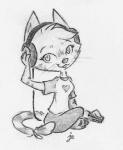 anthro clothing electronics female headphones heart_symbol looking_at_viewer shirt solo topwear young young_anthro young_female swiftcutter domestic_cat felid feline felis mammal graphite_(artwork) greyscale monochrome traditional_media_(artwork)