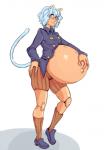 belly big_belly blue_clothing blue_hair blue_shirt blue_topwear breasts clothed clothing female footwear hair pregnant pregnant_female pregnant_humanoid shirt shoes simple_background small_breasts solo topwear white_background grindavikbydaylight hunter_x_hunter neferpitou animal_humanoid chimera_ant domestic_cat felid feline felis humanoid mammal