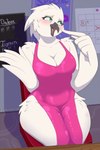 anthro beak big_breasts biped blush bodily_fluids breasts chair cleavage clothed clothing dress eyelashes feather_hands feathers female furniture green_eyes non-mammal_breasts open_mouth pink_clothing pink_dress sitting solo sweat thick_thighs white_body wide_hips energyvector avian bird hi_res