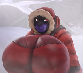 anthro big_breasts breasts clothing coat female fur hood_up huge_breasts hyper hyper_breasts layered_clothing lips looking_at_viewer parka purple_body purple_fur red_eyes snow solo thick_lips topwear winter winter_clothing winter_coat bimbomorph_(artist) nintendo pokemon team_fortress_2 valve alex_asora pyro_(team_fortress_2) canid canine generation_4_pokemon lucario mammal pokemon_(species) 3d_(artwork) digital_media_(artwork) hi_res