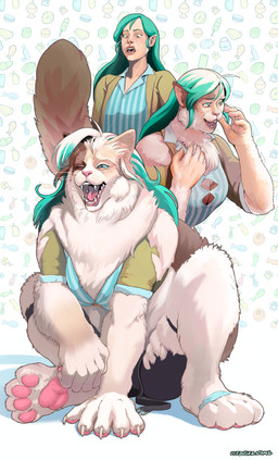 anthro blue_hair clothing coat fangs female female_anthro female_human fluffy fur fur_growth growth hair happy human_to_anthro long_hair mid_transformation open_mouth pawpads paws shirt simple_background sitting snout snout_growth solo species_transformation surprised teeth topwear torn_clothing transformation transformation_sequence whisker_growth whiskers white_background white_body white_fur yellow_eyes usedusername shiretoko_tomoko domestic_cat felid feline felis human humanoid mammal ragdoll_cat werecat werecreature werefelid werefeline absurd_res hi_res