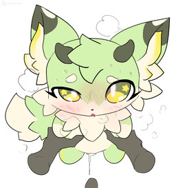 after_sex blush blush_lines bodily_fluids breath carrying_another cheek_tuft cum cum_drip cum_from_vagina cum_in_vagina cum_inside disembodied_hand disembodied_penis dripping drooling duo facial_tuft female first_person_view fur genital_fluids genitals green_body green_fur half-closed_eyes holding_another horn inner_ear_fluff leaking_cum looking_at_viewer male male/female narrowed_eyes neck_tuft open_mouth panting penis saliva simple_background sweat tail tuft vulva godforgiveme4 azur_promilia leafox_(azur_promilia) hi_res watermark