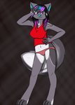 anthro black_hair bra breasts clothing ear_piercing female gesture hair highlights_(coloring) looking_at_viewer panties piercing pose smile smiling_at_viewer solo suggestive suggestive_gesture underwear alaskafox sonja_wusky canid canine canis hybrid mammal wolf wolfdog hi_res