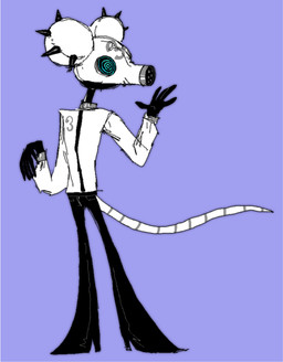 ambiguous_gender anthro black_bottomwear black_clothing black_hands black_pants boots bottomwear clothed clothing drone fingers footwear formal_clothing formal_wear front_view gas_mask grey_stripes hairless_tail high_heeled_boots high_heels leather leather_mask markings mask pants purple_background ringed_eyes round_ears shirt shoes simple_background solo spiral striped_markings striped_tail stripes tail tail_markings topwear white_clothing white_shirt white_tail white_topwear plentyofsoup drone_mouse_(plentyofsoup) mammal mouse murid murine rodent 2026 digital_media_(artwork) full-length_portrait portrait