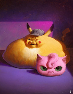 ambiguous_gender clothing duo fluffy frown fur green_eyes grumpy hat hat_only headgear headgear_only headwear headwear_only humor looking_at_viewer morbidly_obese mostly_nude obese overweight pink_body pink_fur red_cheeks what what_has_science_done where_is_your_god_now yellow_body yellow_fur iammarcpi nintendo pokemon pokemon_detective_pikachu detective_pikachu generation_1_pokemon jigglypuff pikachu pokemon_(species) 2018 hi_res meme oil_painting_(artwork) painting_(artwork) traditional_media_(artwork) traditional_painting_(artwork)