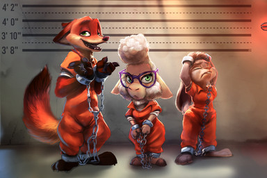 anthro barefoot bound breasts buckteeth chain chained clothing cuff_(restraint) detailed_background dipstick_tail dungeon ears_back ears_down eyelashes eyes_closed eyewear feet female fur glasses green_eyes grey_body grey_fur group hair handcuffed handcuffs inside male markings metal_cuffs multicolored_tail open_mouth orange_body orange_fur orange_jumpsuit pawpads pivoted_ears plantigrade prison prison_uniform prisoner restrained restraints shackles smile standing tail tail_markings teeth white_body white_fur white_hair white_wool wool_(fur) lokpik disney zootopia dawn_bellwether judy_hopps nick_wilde bovid canid canine caprine fox lagomorph leporid mammal rabbit sheep 3:2 absurd_res detailed hi_res