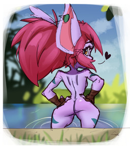 big_ears big_hair border breasts butt day detailed_background ear_piercing eyelashes female hair hand_on_hip heart_symbol humanoid_pointy_ears looking_at_viewer looking_back looking_back_at_viewer nude orange_eyes outside partially_submerged piercing pink_hair pointy_ears ponytail rear_view solo standing_in_water thick_thighs water white_border wide_hips bunnysk league_of_legends riot_games tencent tristana_(lol) humanoid yordle absurd_res hi_res