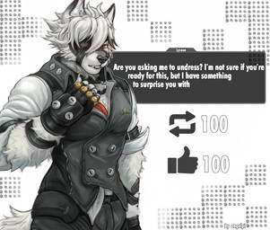 anthro black_nose clothing collared_shirt dress_shirt eye_patch eyewear fingerless_gloves fur gloves hair handwear male male/male shirt solo tail text topwear undressing vest white_body white_fur white_hair angelpi mihoyo zenless_zone_zero von_lycaon canid canine mammal english_text hi_res