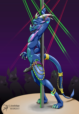 anthro bracelet claws dancing erection genitals horn jewelry male muscular muscular_anthro muscular_male nude open_mouth penis piercing pole pole_dancing scales solo stripper stripper_pole tail tongue arashidrgn mythology dragon mythological_creature mythological_scalie scalie 2015 hi_res