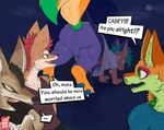 all_fours anthro biped bulge bulge_from_behind butt clothed clothing dialogue group male male/male male_anthro raised_tail speech_bubble tail text thick_tail jooper casey_(dmb) harley_(dmb) ramsey_(dmb) sydney_(dmb) canid canine canis dingo hybrid jackal mammal maned_wolf mephitid skunk wolf english_text hi_res