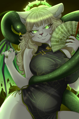 anthro claws clothing dress fangs female fluffy nails scales silk smoke solo teeth wide_hips dori-du domestic_cat felid feline felis mammal reptile scalie snake absurd_res green_theme hi_res