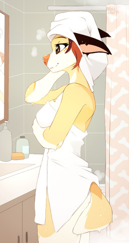 anthro bathroom bathtub biped breasts brown_eyes brown_hair butt countershade_fur countershade_torso countershading female fur hair inside mirror shower_curtain side_view smile solo tail tan_body tan_fur tan_tail towel towel_on_head towel_only wet wet_body wet_fur wolflady danika_(wolflady) canid canine canis domestic_dog mammal 2025 digital_drawing_(artwork) digital_media_(artwork)