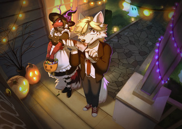 anthro belt black_body black_fur blonde_hair blood blood_on_face blood_on_knife blue_eyes bodily_fluids bottomwear brown_hair building candy_bucket clothing costume decoration detailed_background duo evil_grin eye_through_hair eyebrows female food footwear fruit fur grass hair halloween_decoration hat headgear headwear high-angle_view holding_knife holding_object holidays horn house jack-o'-lantern jacket knife licking licking_object looking_at_viewer looking_up maid_uniform male multicolored_body multicolored_fur necktie night outside pants plant plant_pot plantigrade porch potted_plant pumpkin raised_eyebrow red_body red_eyes red_fur shirt shoes smile text tongue tongue_out topwear translucent translucent_hair trick-or-treating uniform white_body white_fur witch_hat ruddi halloween canid canine canis fox ghost mammal spirit wolf 2025 artist_name digital_media_(artwork) hi_res signature